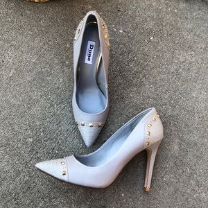 Dune London gray pointed toe studded heels